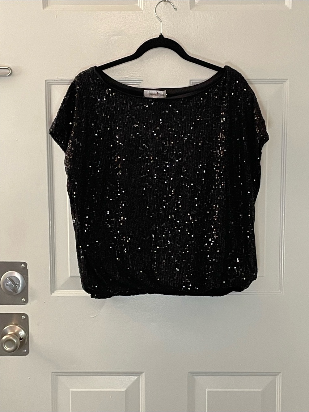 Black Sequin Short-Sleeve Blouse